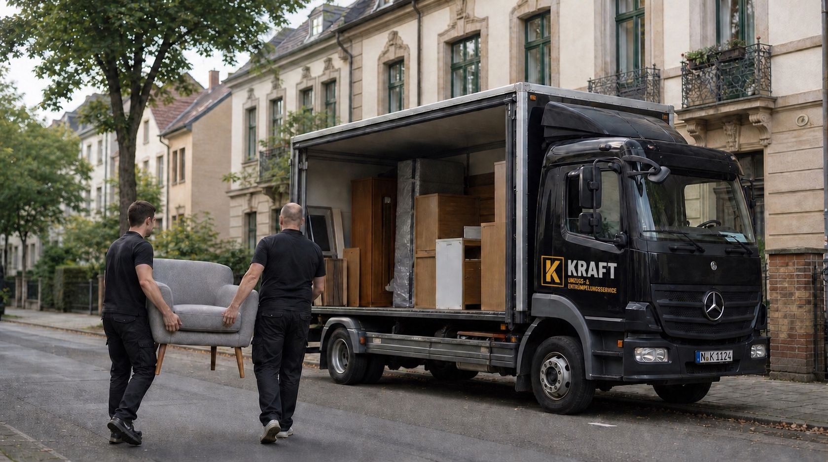 Zwei KRAFT-Mitarbeiter tragen einen Sessel zu einem beschrifteten Umzugs-LKW in Nürnberg